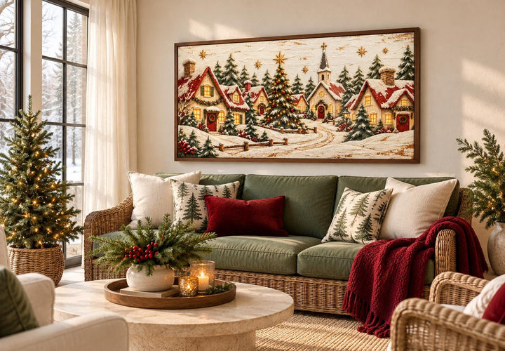Cozy Christmas Village framed canvas wall art above a green sofa in a festive living room.