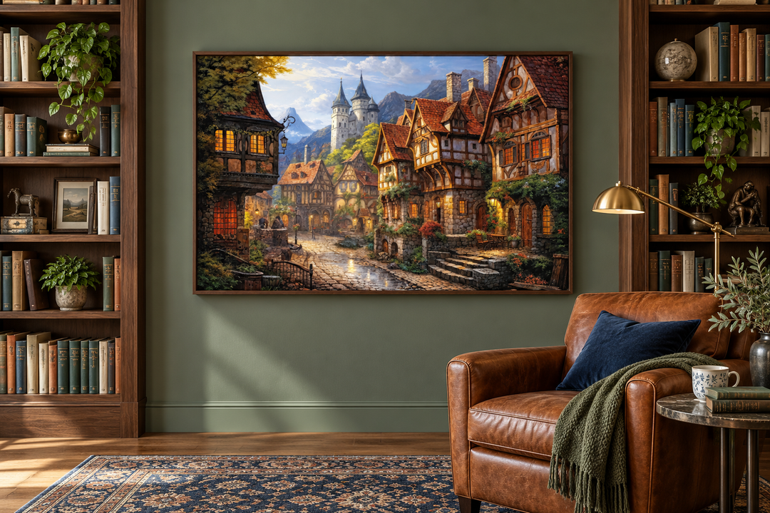 Medieval European village framed canvas wall art hanging in a cozy library above a leather chair.