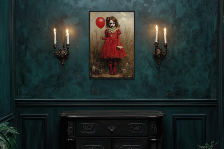 Creepy Clown Girl in Red Dress with Balloon Framed Canvas Wall Art