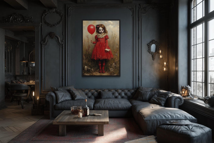 Creepy Clown Girl in Red Dress with Balloon Framed Canvas Wall Art