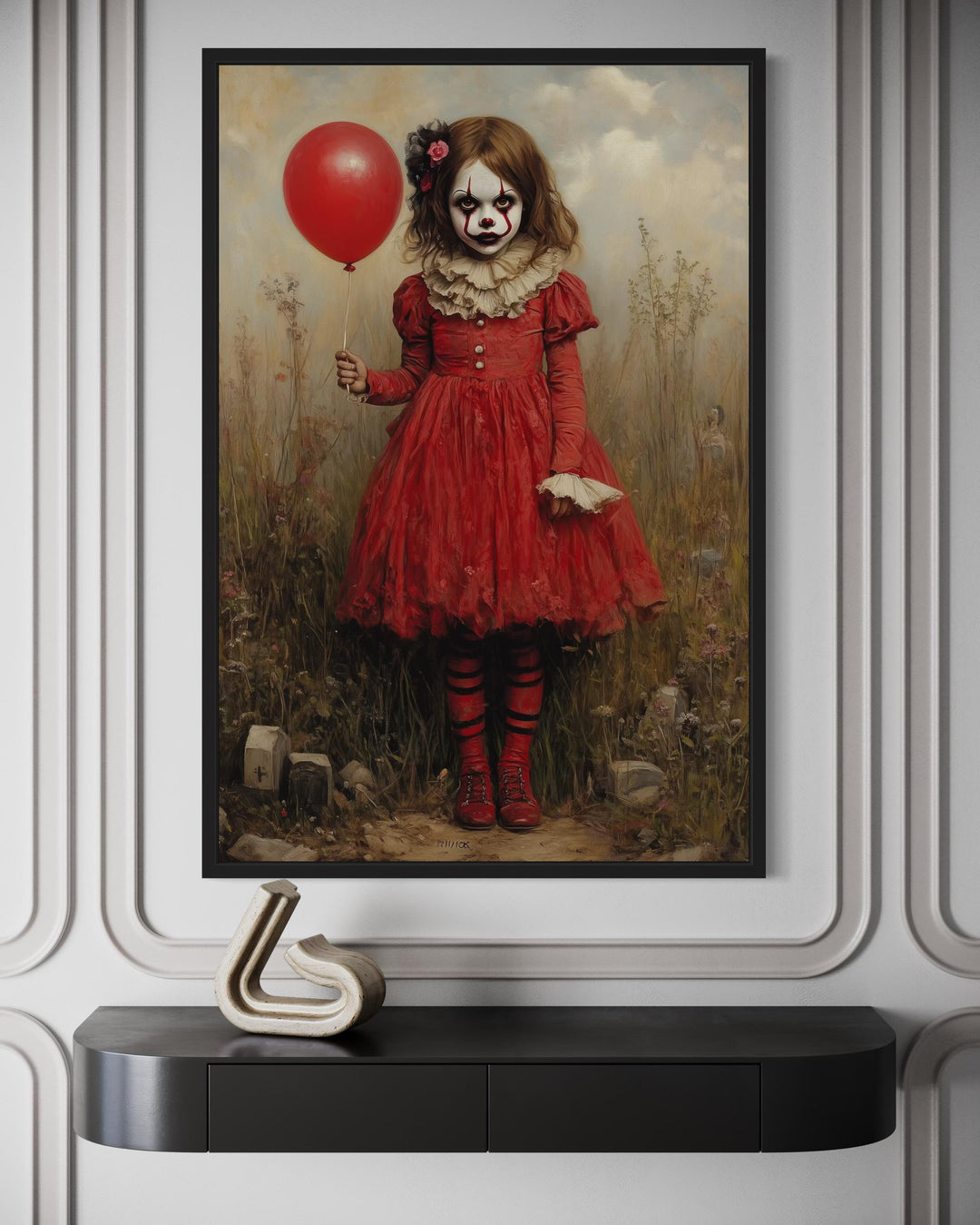 Creepy Clown Girl in Red Dress with Balloon Framed Canvas Wall Art