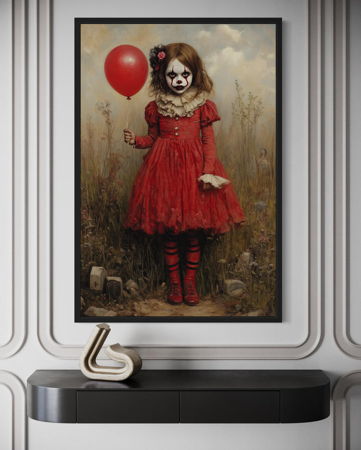 Creepy Clown Girl in Red Dress with Balloon Framed Canvas Wall Art