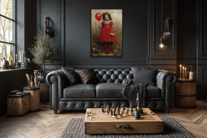 Creepy Clown Girl in Red Dress with Balloon Framed Canvas Wall Art