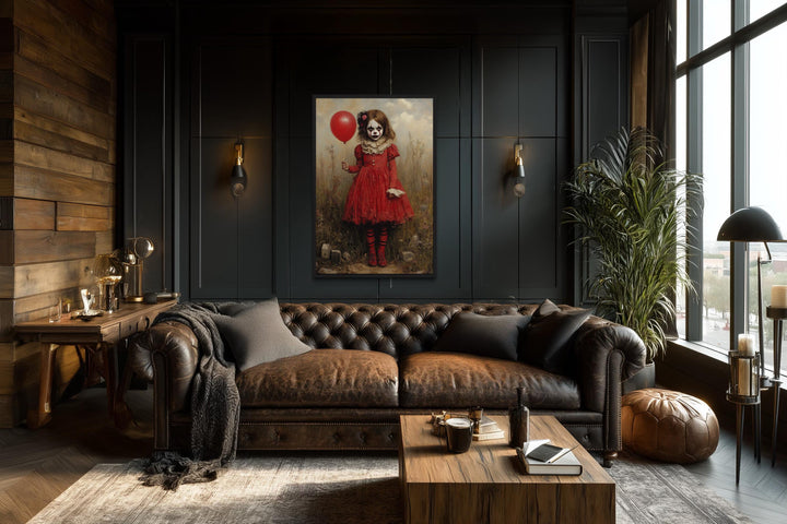 Creepy Clown Girl in Red Dress with Balloon Framed Canvas Wall Art