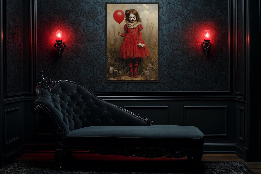 Creepy Clown Girl in Red Dress with Balloon Framed Canvas Wall Art