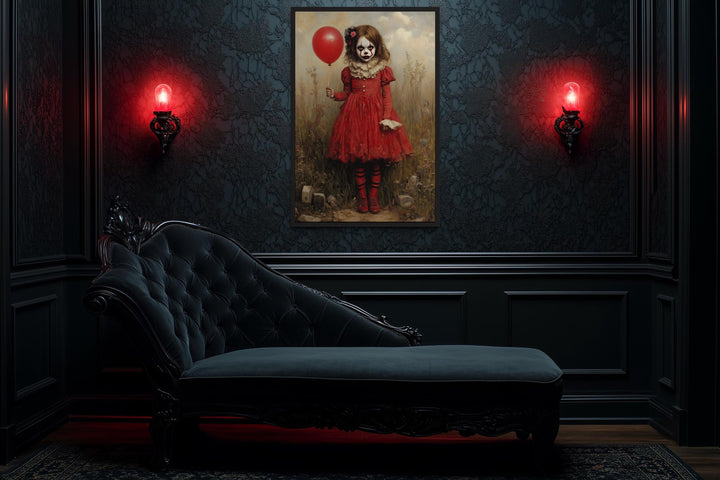 Creepy Clown Girl in Red Dress with Balloon Framed Canvas Wall Art