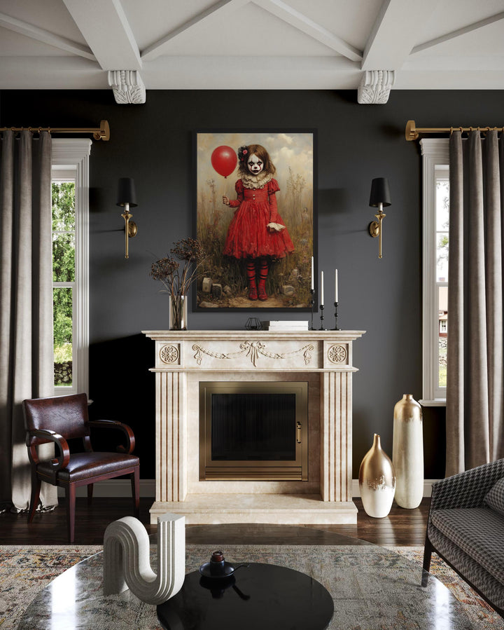 Creepy Clown Girl in Red Dress with Balloon Framed Canvas Wall Art