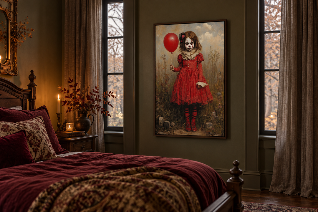 Gruseliges Clown-Mädchen im roten Kleid mit Ballon, gerahmte Leinwand