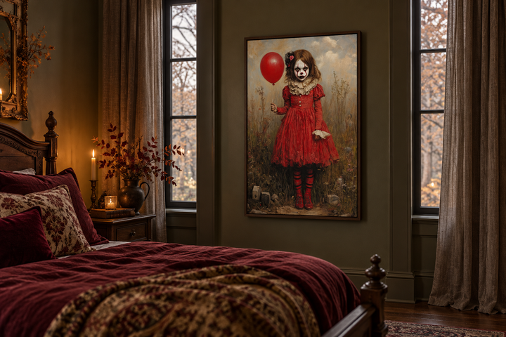 Gruseliges Clown-Mädchen im roten Kleid mit Ballon, gerahmte Leinwand