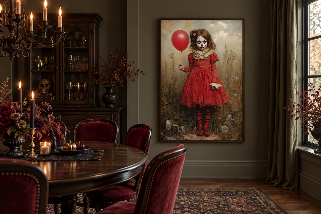 Gruseliges Clown-Mädchen im roten Kleid mit Ballon, gerahmte Leinwand