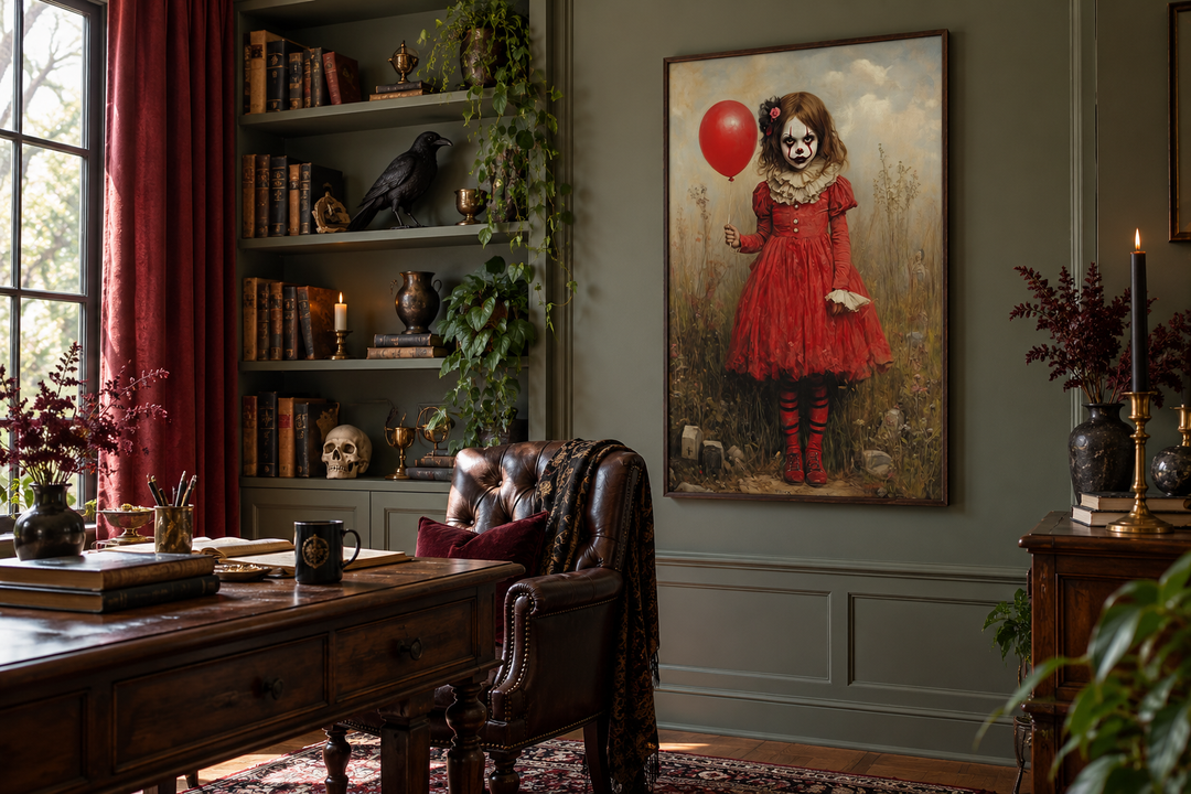 Gruseliges Clown-Mädchen im roten Kleid mit Ballon, gerahmte Leinwand