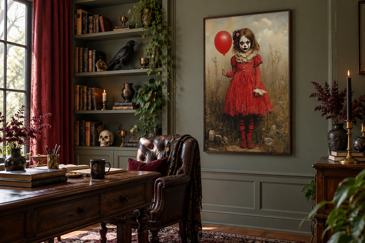 Gruseliges Clown-Mädchen im roten Kleid mit Ballon, gerahmte Leinwand