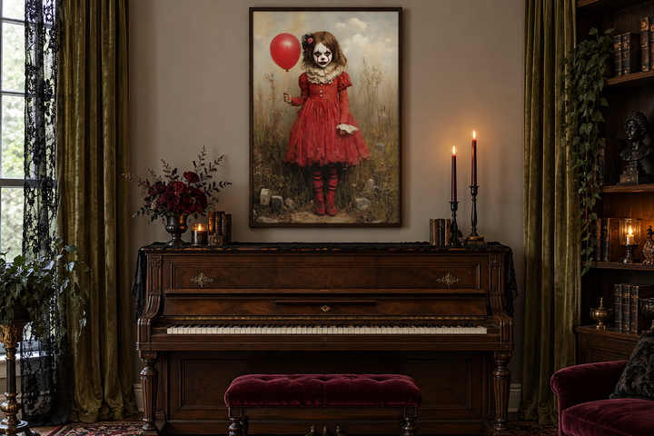 Gruseliges Clown-Mädchen im roten Kleid mit Ballon, gerahmte Leinwand