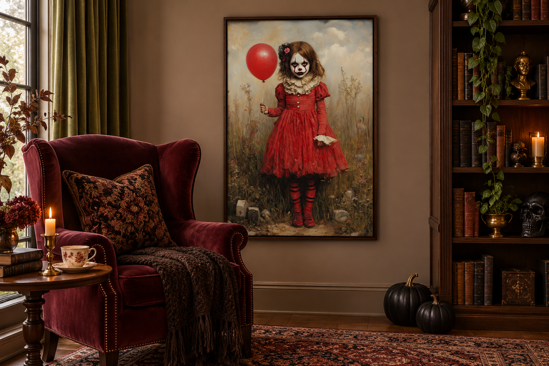 Gruseliges Clown-Mädchen im roten Kleid mit Ballon, gerahmte Leinwand