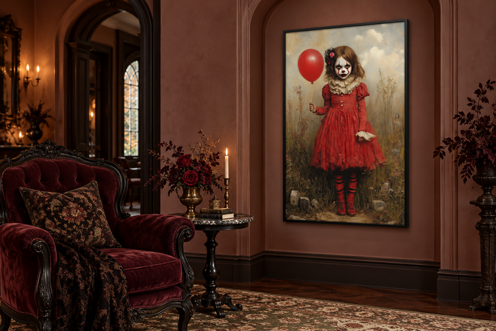 Gruseliges Clown-Mädchen im roten Kleid mit Ballon, gerahmte Leinwand