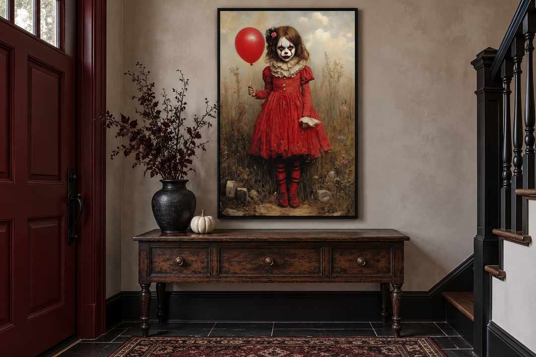 Gruseliges Clown-Mädchen im roten Kleid mit Ballon, gerahmte Leinwand