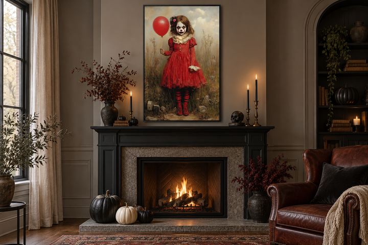 Gruseliges Clown-Mädchen im roten Kleid mit Ballon, gerahmte Leinwand
