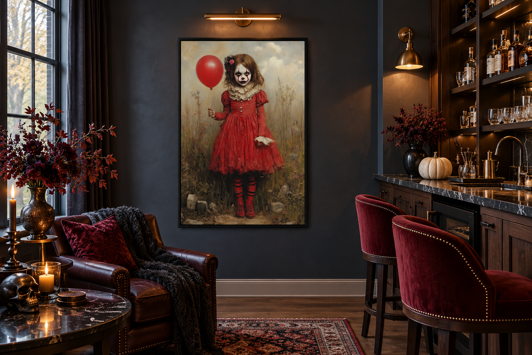 Gruseliges Clown-Mädchen im roten Kleid mit Ballon, gerahmte Leinwand