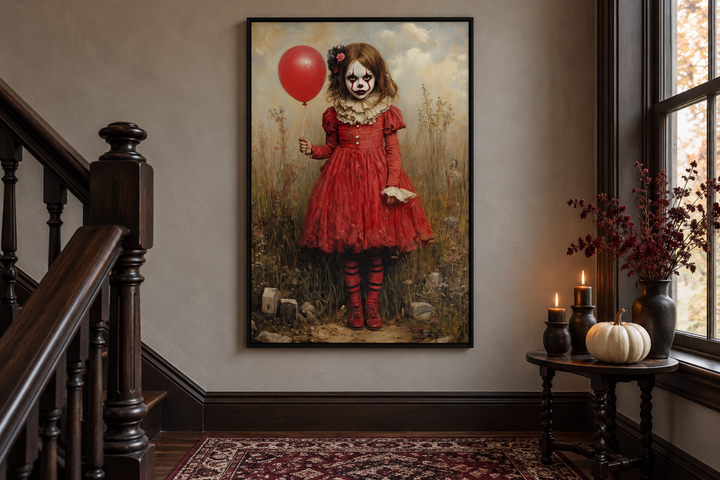 Gruseliges Clown-Mädchen im roten Kleid mit Ballon, gerahmte Leinwand