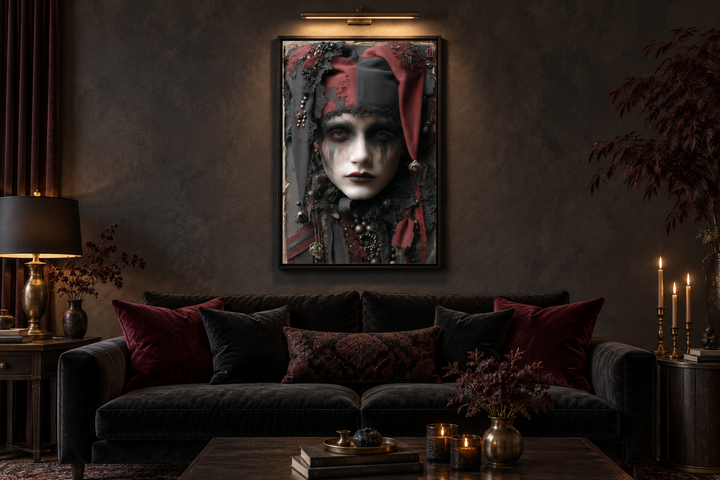 Creepy Victorian harlequin gothic wall art in a dark, moody living room with velvet sofa and candles.