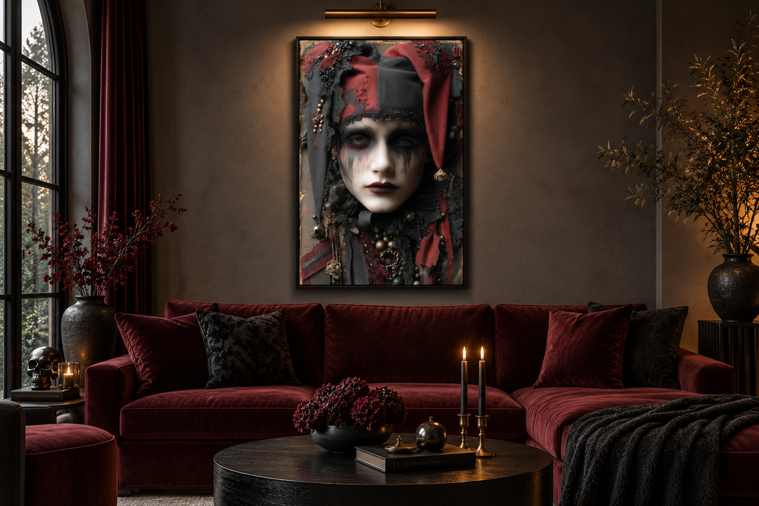 Creepy Victorian harlequin gothic wall art in a dark living room above a red velvet sofa.