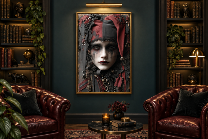 Creepy Victorian harlequin gothic wall art in a dark library with leather chairs and bookshelves.