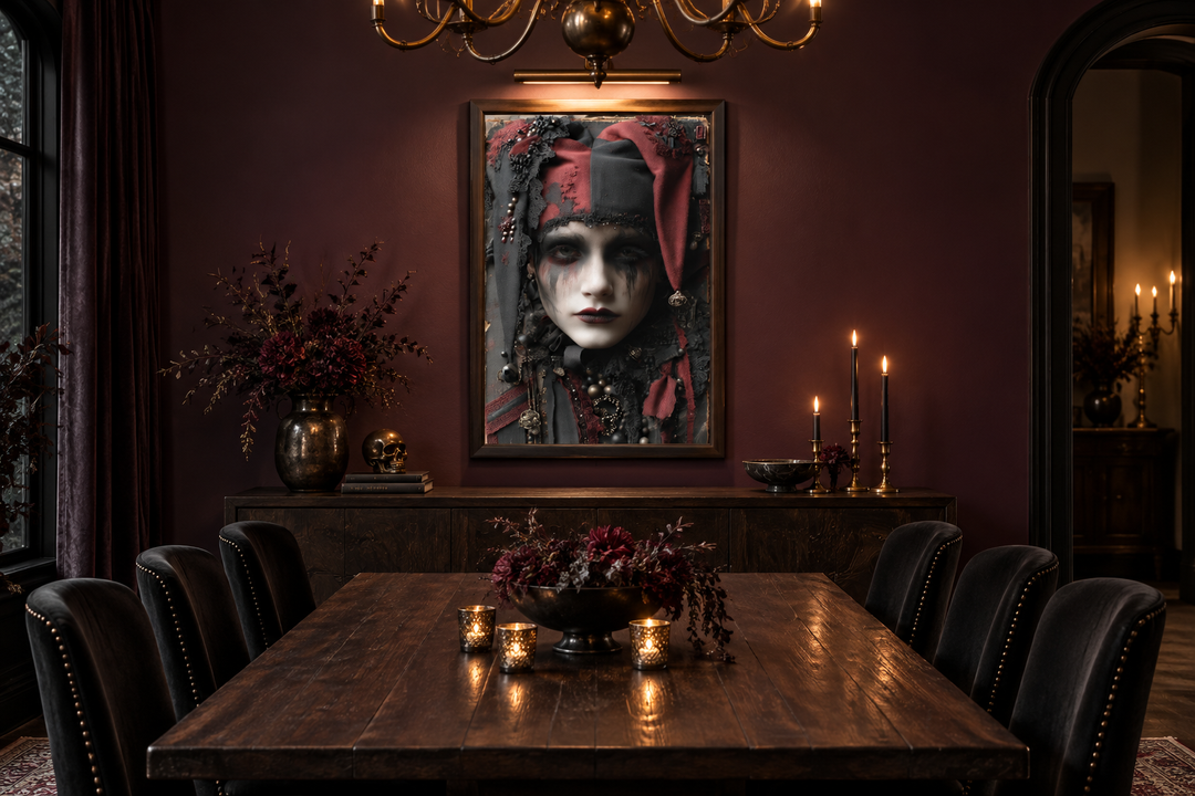 Creepy Victorian harlequin gothic wall art in a dark, moody dining room with candles and skull.