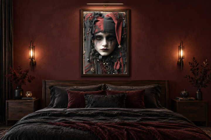 Framed gothic harlequin portrait in a dark red bedroom with wooden furniture and warm wall sconces.