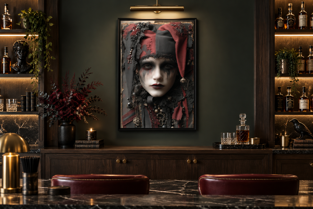 Framed gothic harlequin portrait with pale face and red accents in a dark, moody home bar setting.