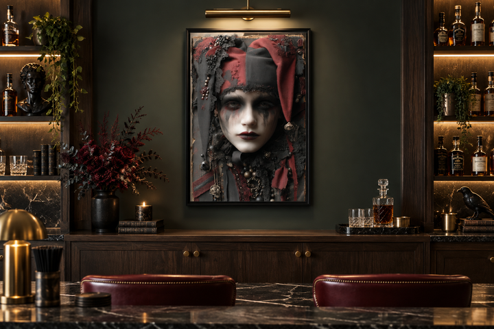 Framed gothic harlequin portrait with pale face and red accents in a dark, moody home bar setting.