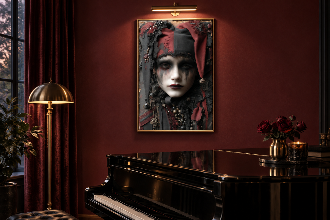 Creepy Victorian harlequin gothic wall art in a gold frame above a black grand piano.