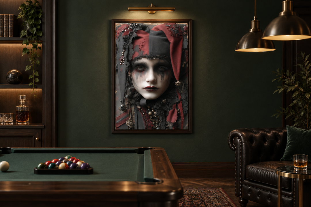 Creepy Victorian harlequin gothic wall art in a dark green room above a pool table.