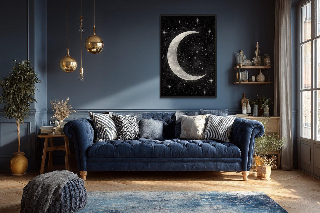 Crescent Moon and Stars Framed Canvas Wall Art