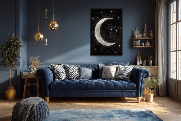 Crescent Moon and Stars Framed Canvas Wall Art
