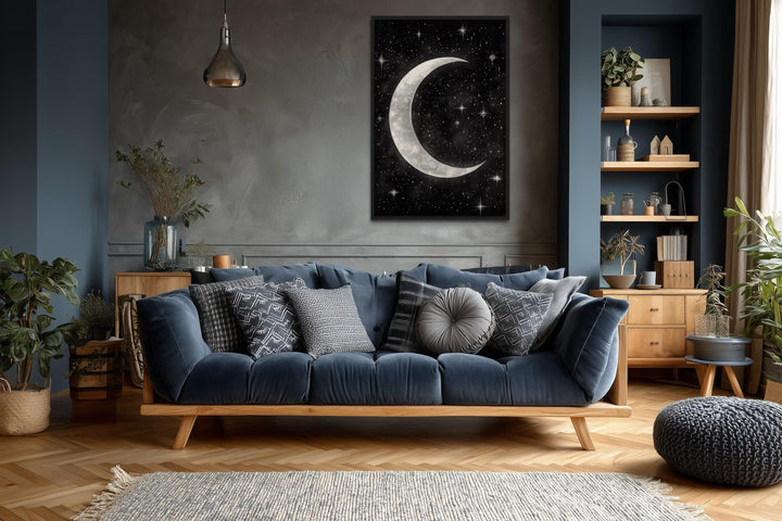 Crescent Moon and Stars Framed Canvas Wall Art