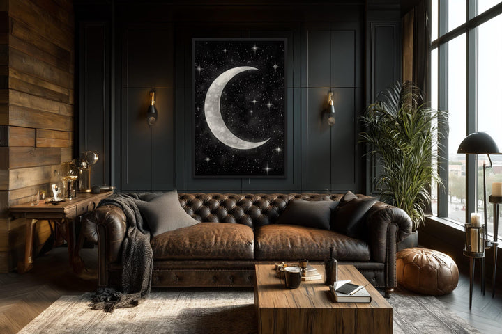Crescent Moon and Stars Framed Canvas Wall Art