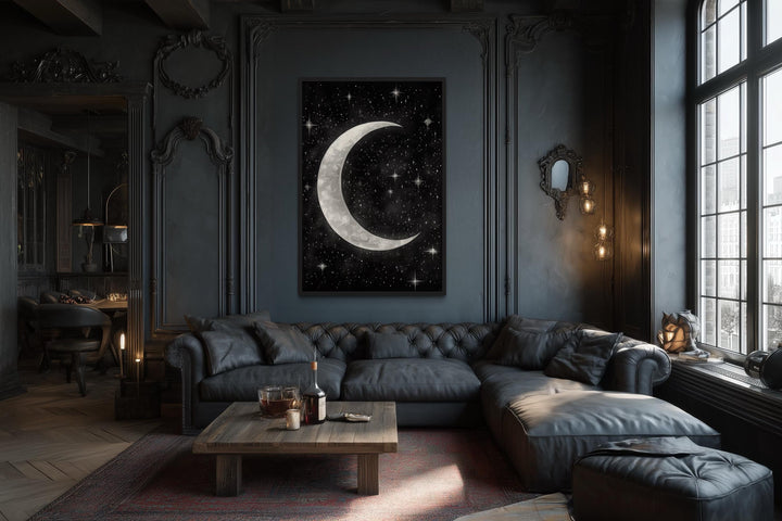 Crescent Moon and Stars Framed Canvas Wall Art