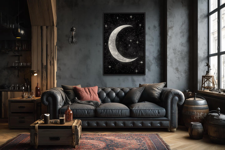 Crescent Moon and Stars Framed Canvas Wall Art