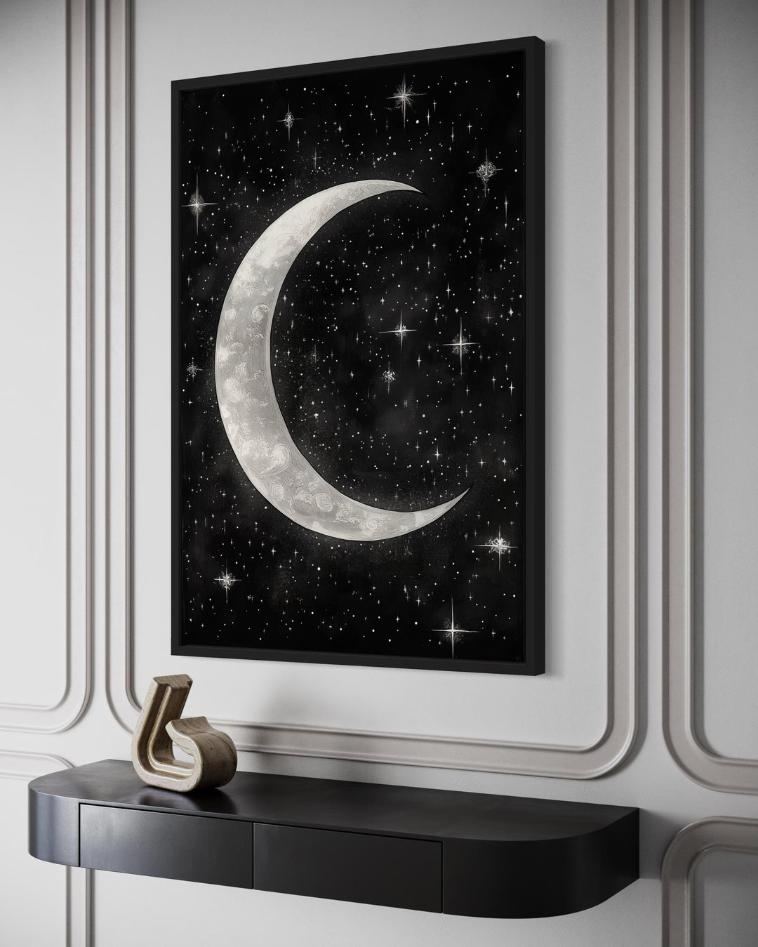 Crescent Moon and Stars Framed Canvas Wall Art