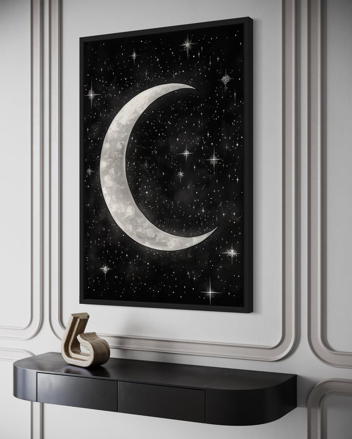 Crescent Moon and Stars Framed Canvas Wall Art
