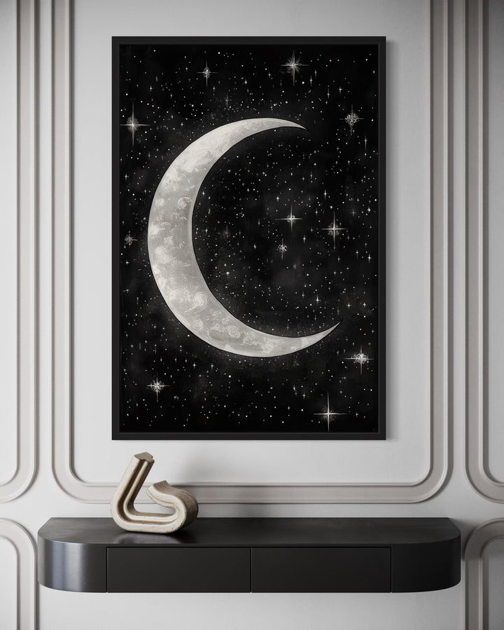 Crescent Moon and Stars Framed Canvas Wall Art