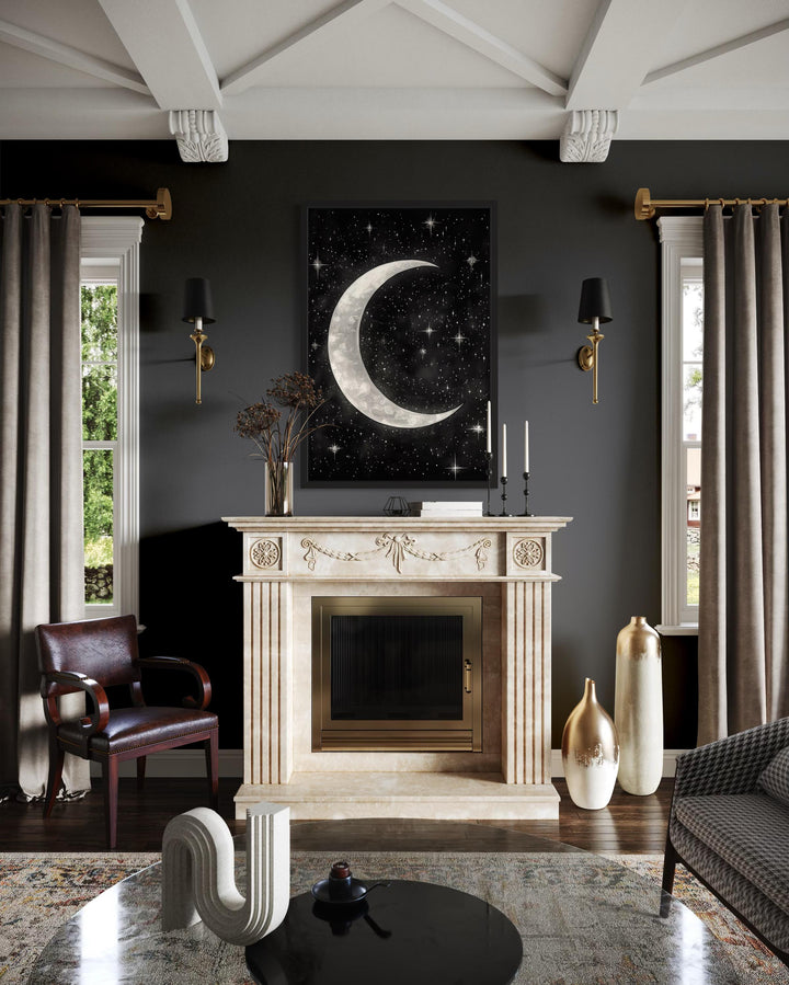 Crescent Moon and Stars Framed Canvas Wall Art