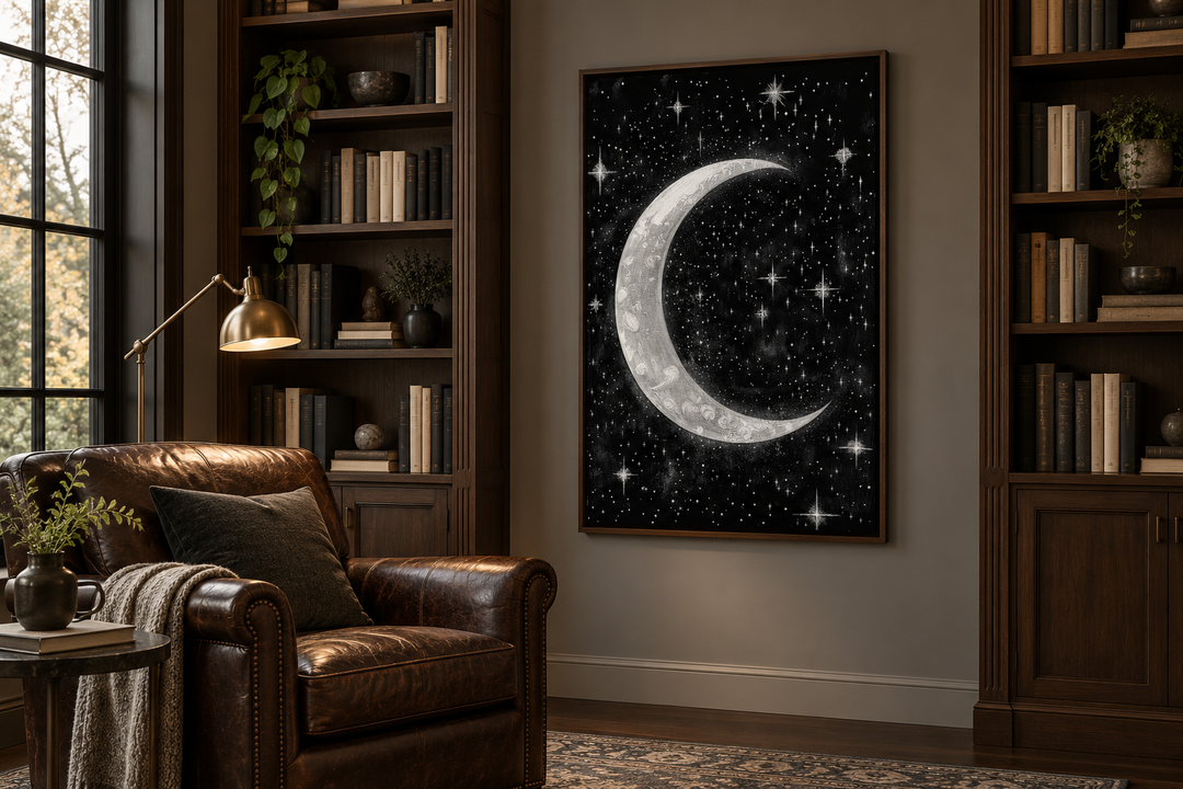 Crescent moon and stars framed canvas wall art in a dark, cozy library setting.