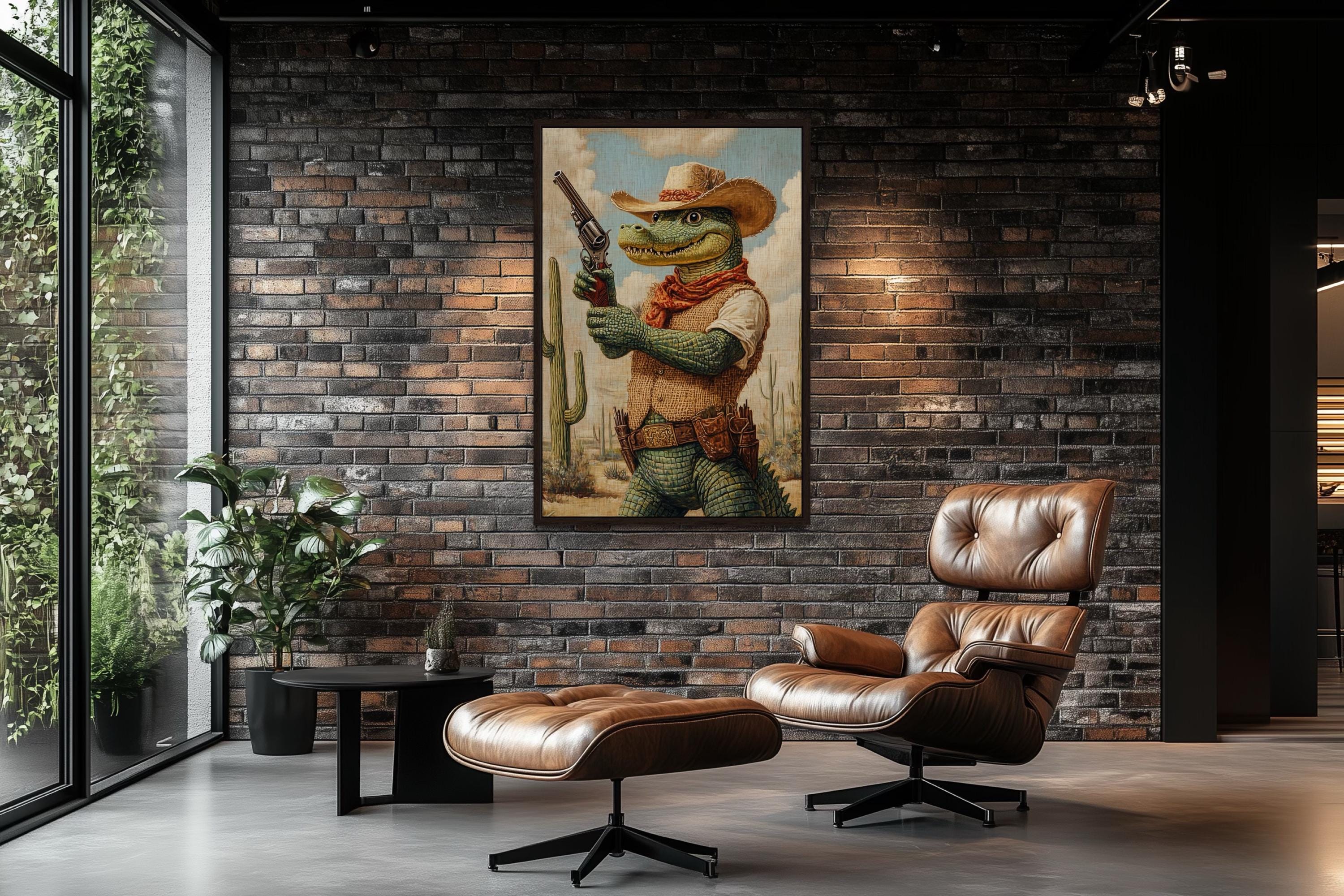 Crocodile Cowboy Wall Art - Funny Western Man Cave Decor – Wall