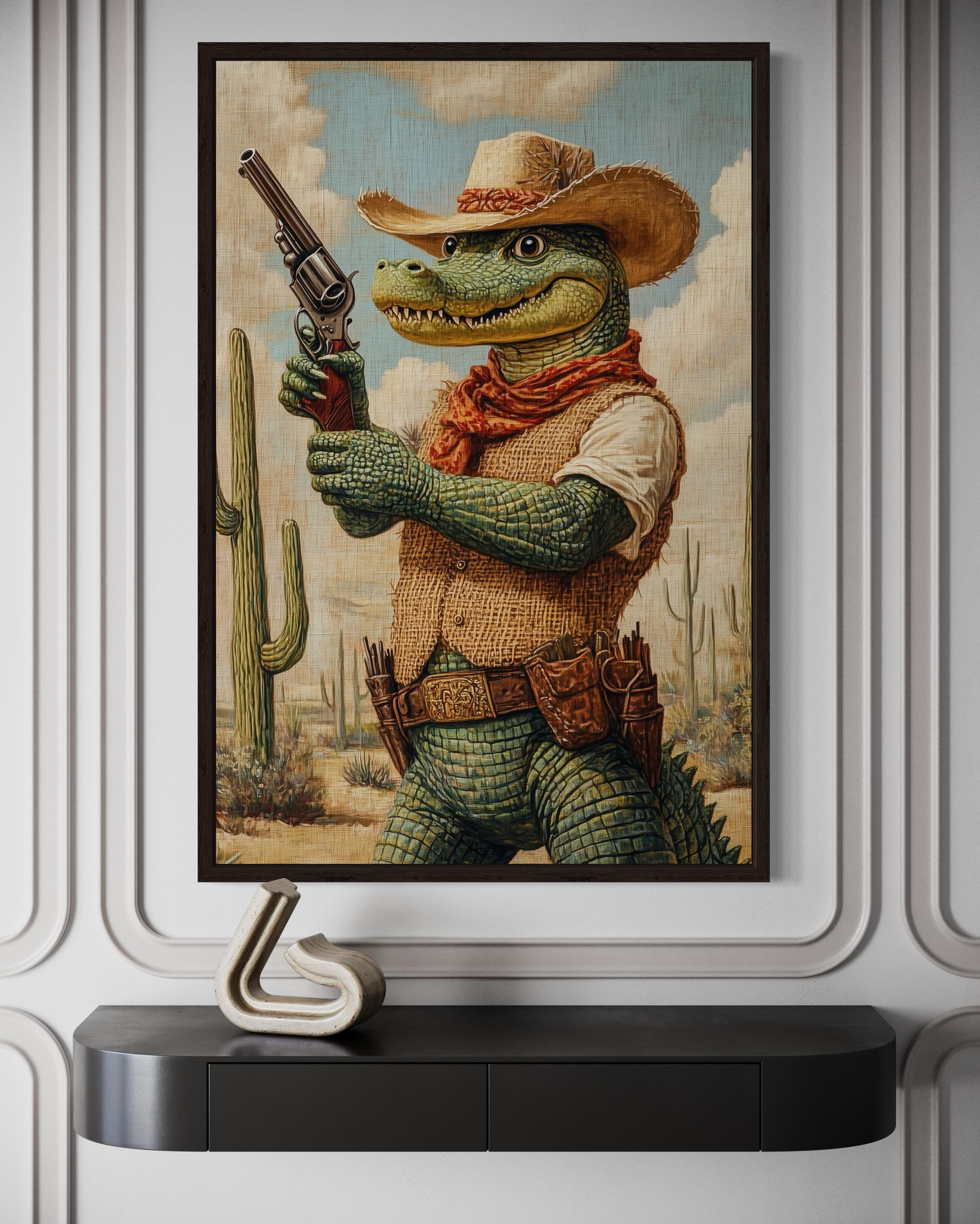 Crocodile Cowboy Wall Art - Funny Western Man Cave Decor – Wall