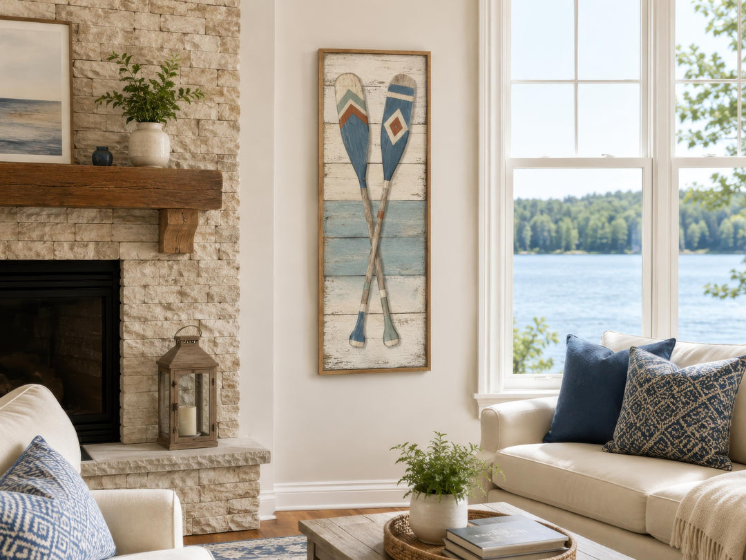 Tall narrow canvas wall art featuring two crossed weathered oars in a rustic lake house living room.