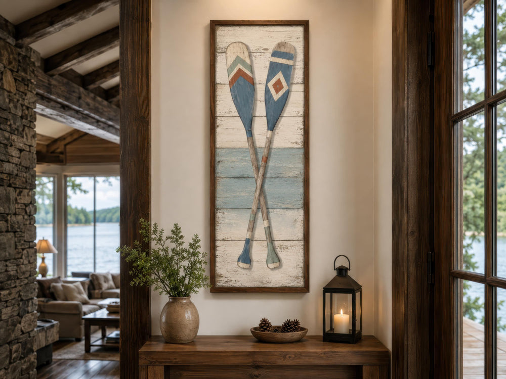 Tall narrow canvas wall art featuring two crossed, weathered wooden oars in a rustic wood frame.