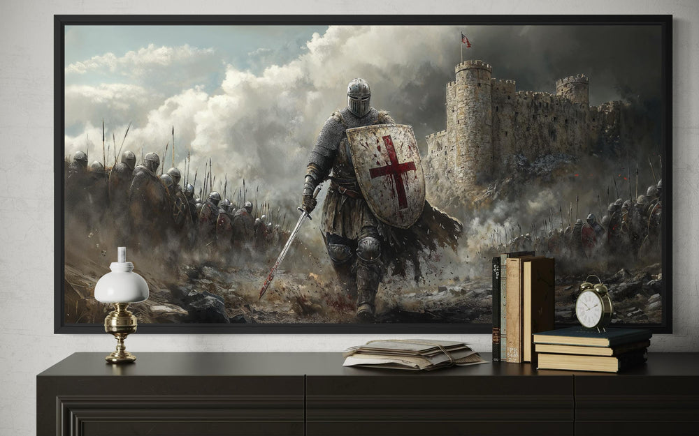 Extra large framed canvas print of a crusader knight on a battlefield for man cave wall decor.