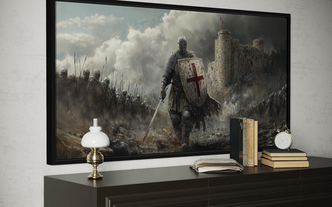 Extra-large framed canvas print of a crusader knight on a battlefield above a dark wood dresser.