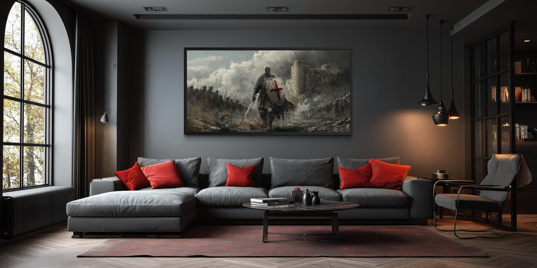 Extra large horizontal canvas print of a crusader knight in battle above a modern grey sofa.
